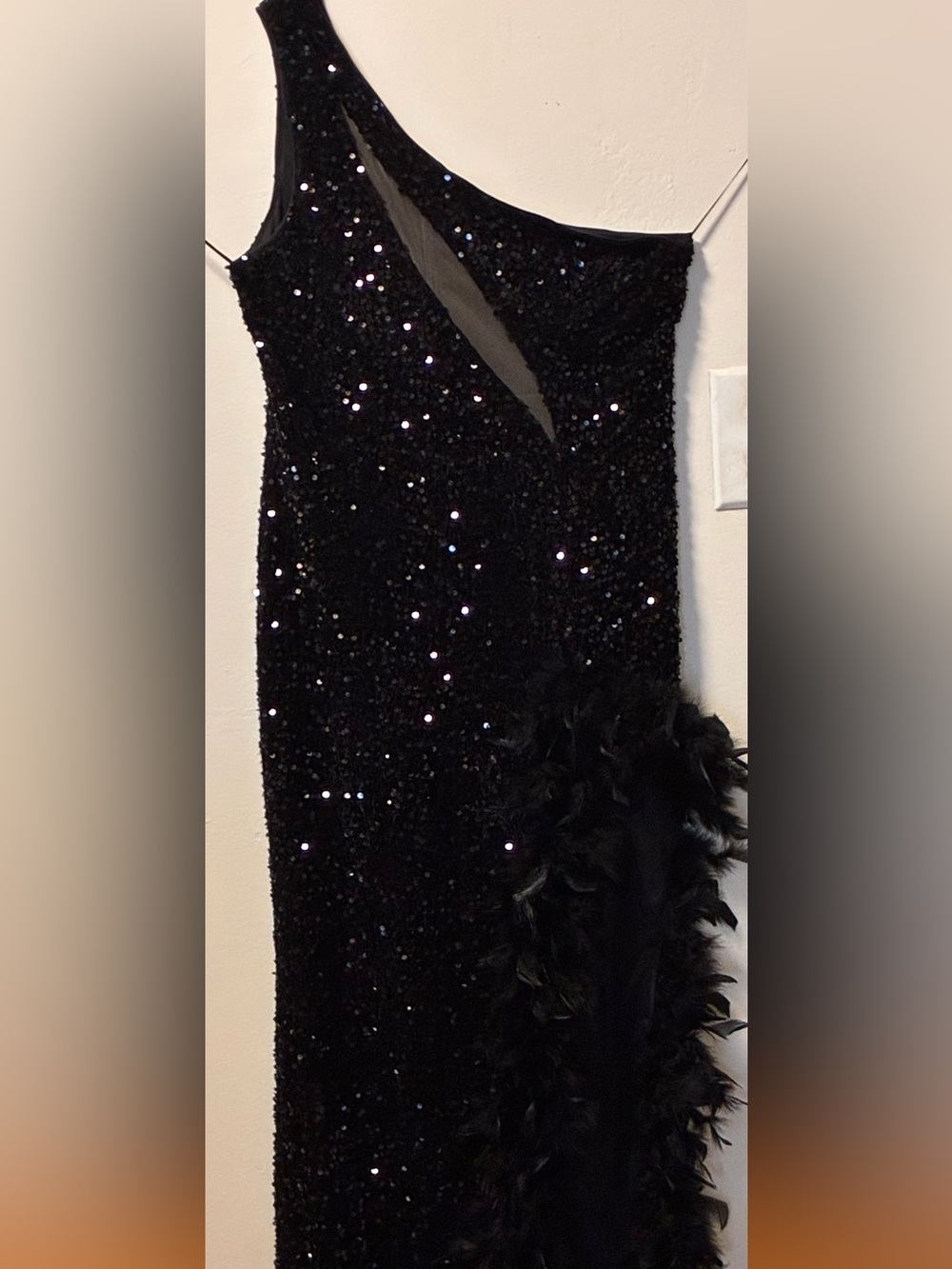 Fashion Nova Black One-Shoulder Sequin Dress with Feather Trim